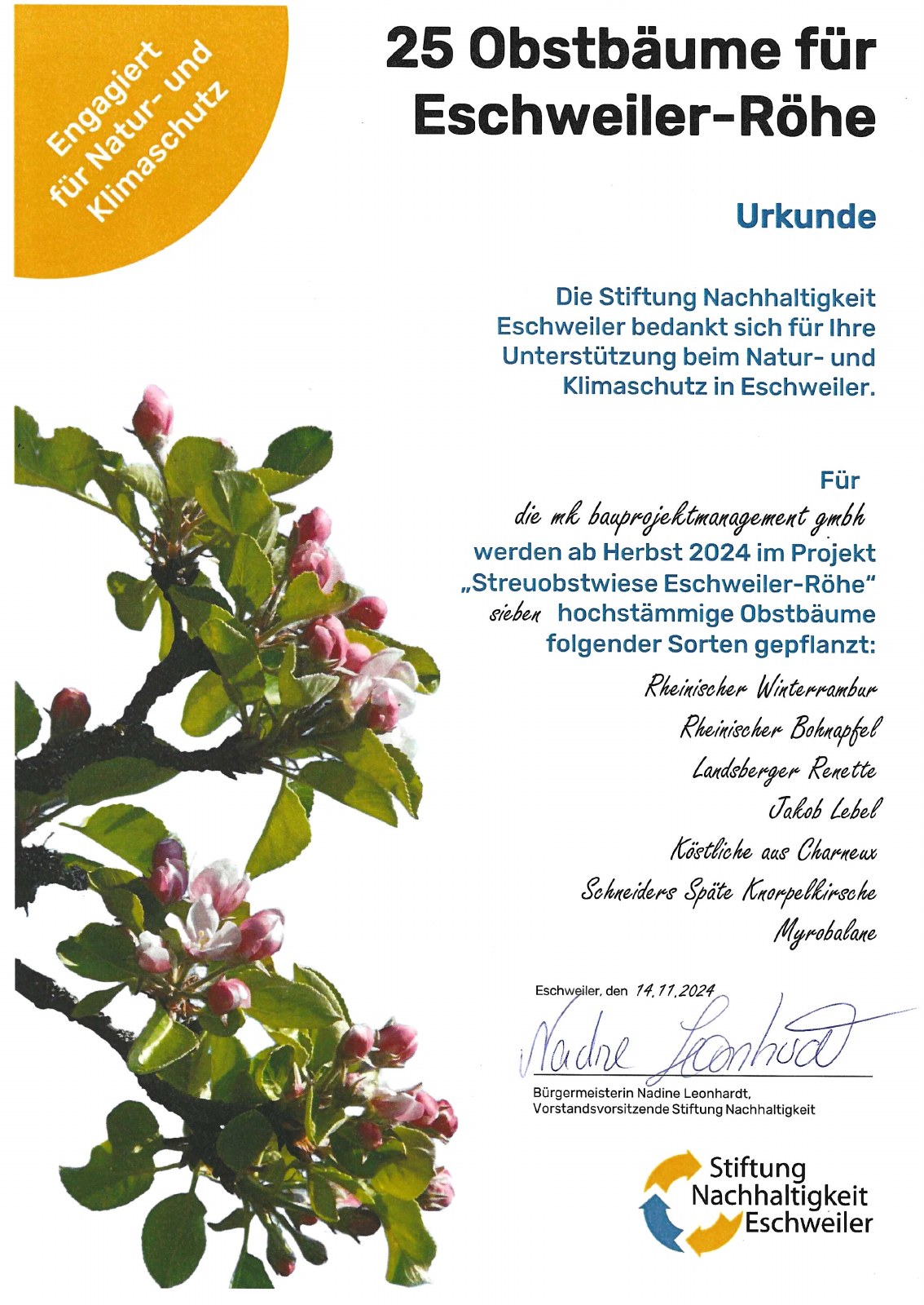 Urkunde der Stiftung Nachhaltigkeit Eschweiler vom 14. November 2024 für 7 Obstbäume in Eschweiler-Röhe