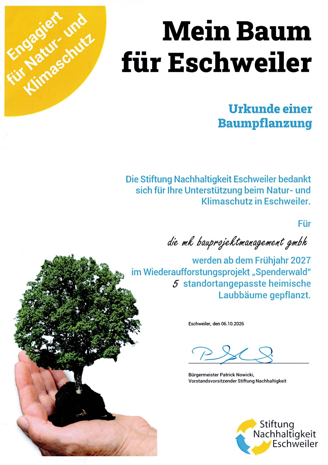 Urkunde der Stiftung Nachhaltigkeit Eschweiler vom 6. Oktober 2026 für 5 heimische Laubbäume im Spenderwald ab Frühjahr 2027