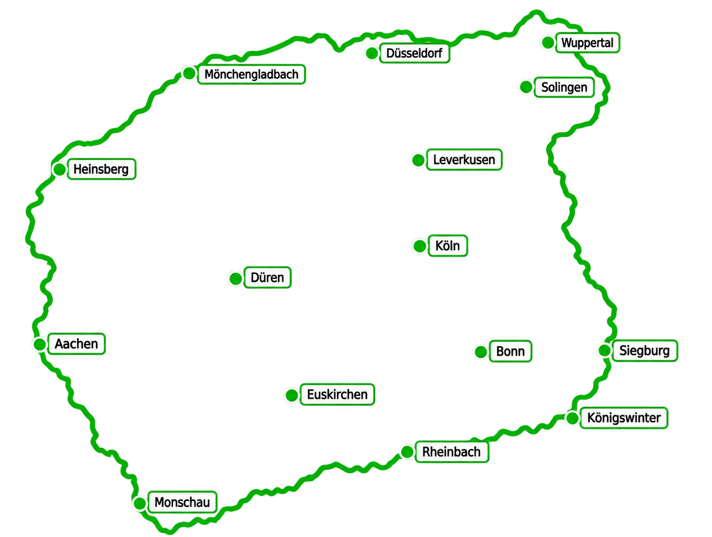 Karte aus dem Flyer mit Aachen, Düren, Monschau, Euskirchen, Rheinbach, Bonn, Königswinter, Siegburg, Köln, Leverkusen, Heinsberg, Mönchengladbach, Düsseldorf, Solingen und Wuppertal